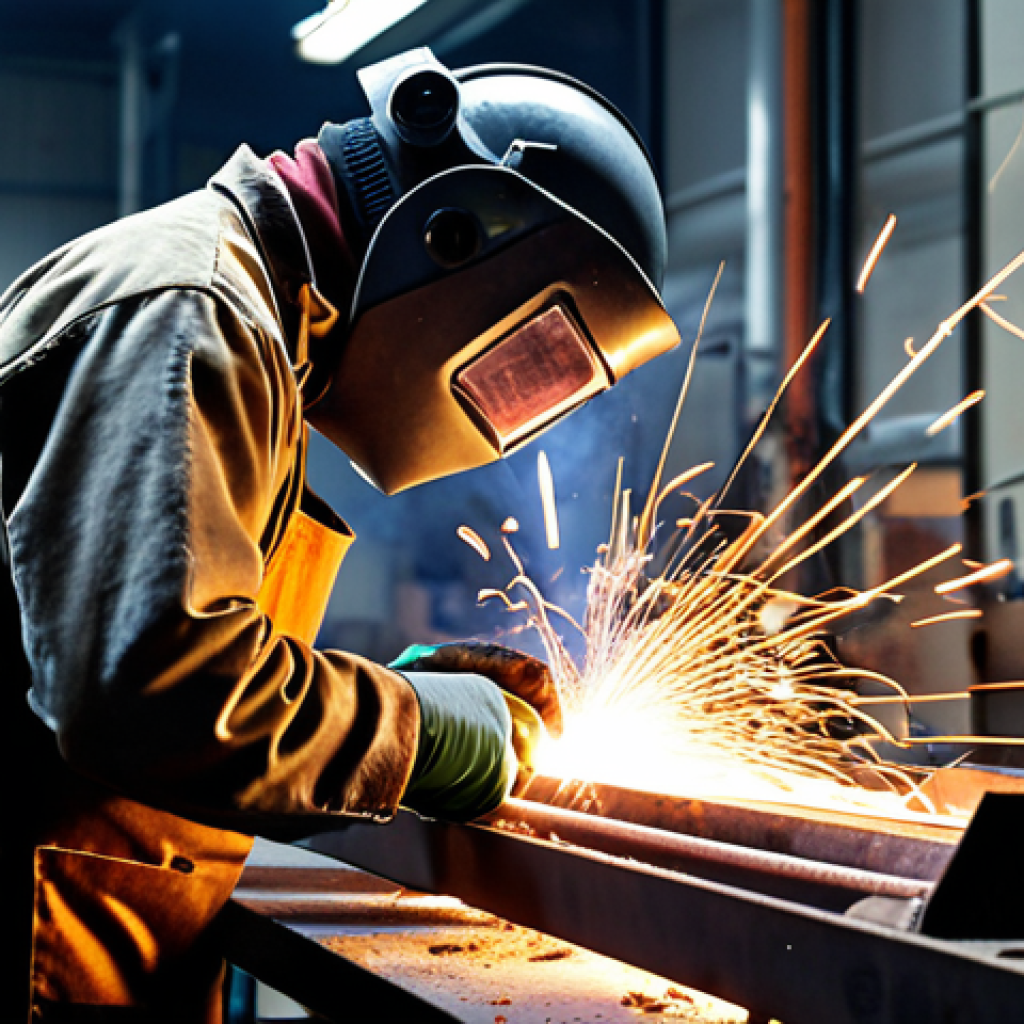 **A brightly lit welding workshop interior, featuring a welder wearing full PPE (helmet, gloves, apron) carefully joining two pieces of metal. Sparks are flying, and a fume extractor is visible in the background, showcasing proper ventilation.**