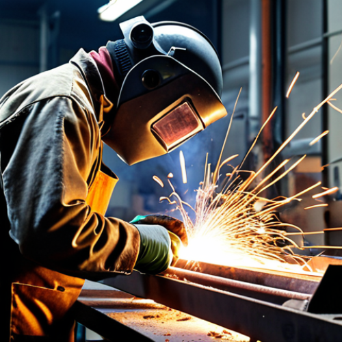 Home 8 **A brightly lit welding workshop interior, featuring a welder wearing full PPE (helmet, gloves, apron) carefully joining two pieces of metal. Sparks are flying, and a fume extractor is visible in the background, showcasing proper ventilation.**