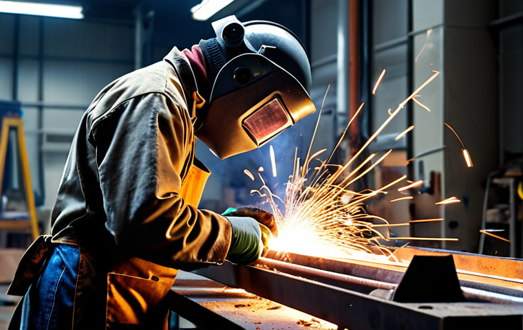 **A brightly lit welding workshop interior, featuring a welder wearing full PPE (helmet, gloves, apron) carefully joining two pieces of metal. Sparks are flying, and a fume extractor is visible in the background, showcasing proper ventilation.**