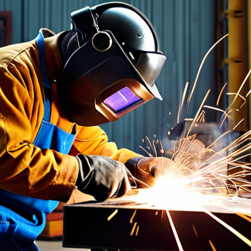 Home 3 ** A person wearing full welding safety gear (helmet, gloves, apron) carefully welding two pieces of metal together. Sparks are flying, and the focus is on safety and precision. The background shows a well-equipped welding workspace.
**