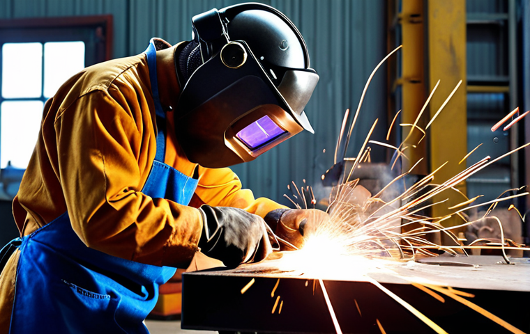 ** A person wearing full welding safety gear (helmet, gloves, apron) carefully welding two pieces of metal together. Sparks are flying, and the focus is on safety and precision. The background shows a well-equipped welding workspace.
**