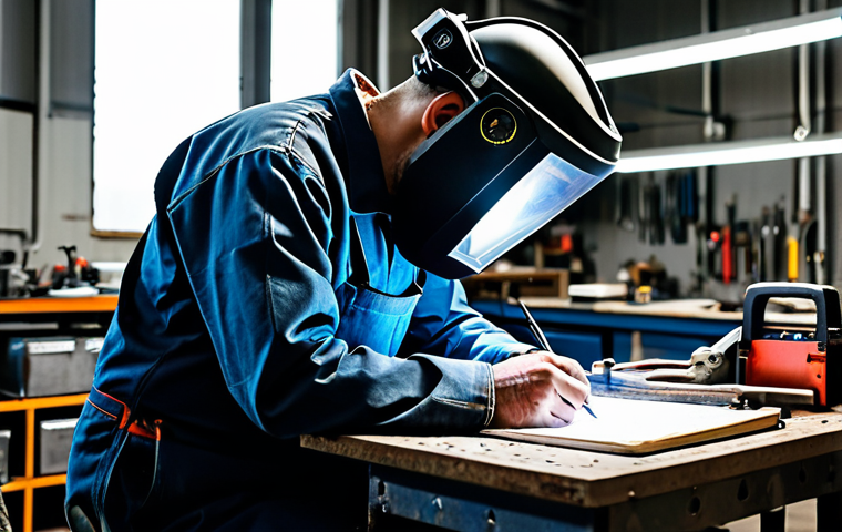 Documenting a Welding Project**

"A professional welder fully clothed in appropriate attire, meticulously documenting a welding project in a workshop. He's writing in a physical journal, surrounded by tools and equipment. The workshop is well-lit and organized. safe for work, appropriate content, perfect anatomy, correct proportions, natural pose, well-formed hands, proper finger count, natural body proportions, professional, family-friendly."

**