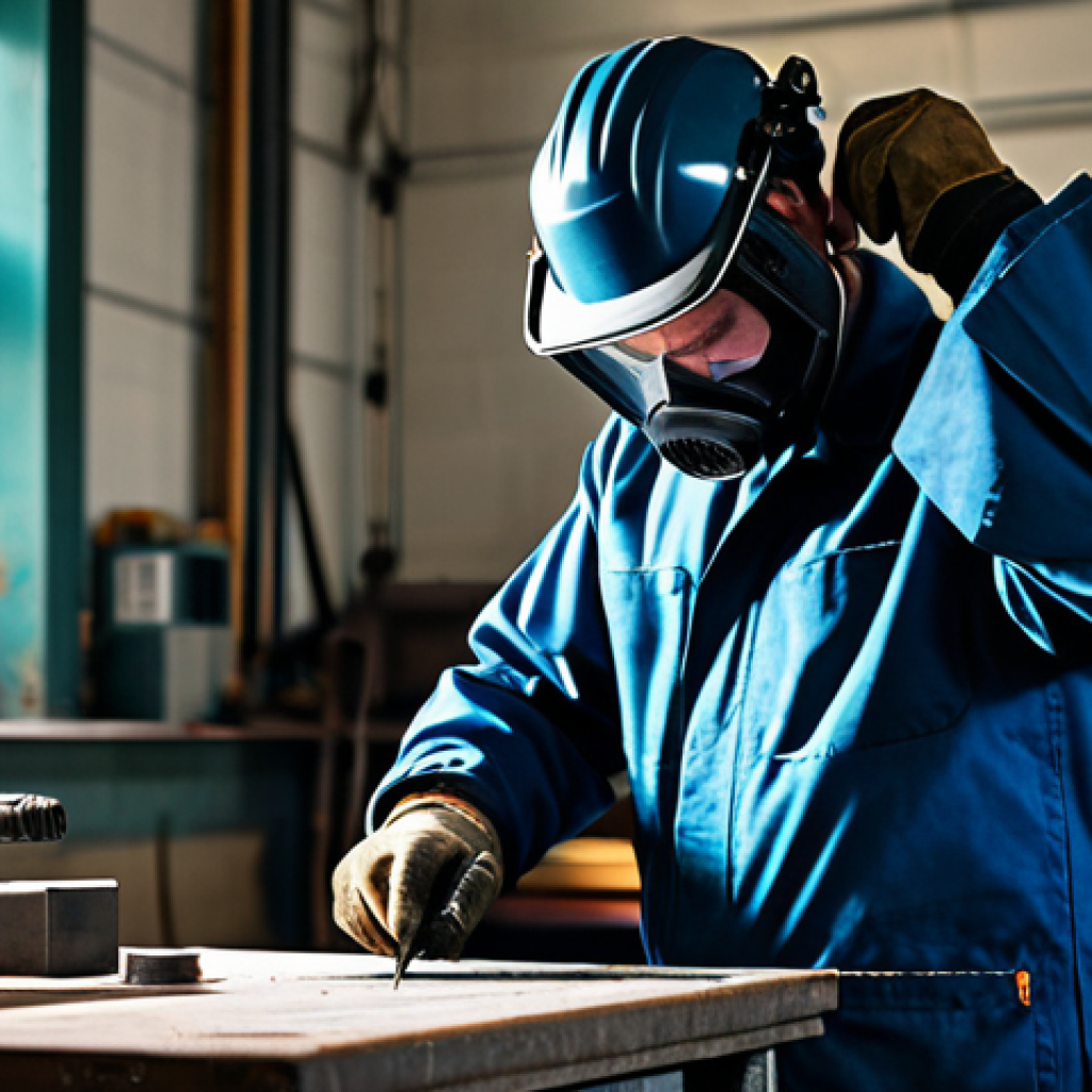 **
"A welder in appropriate work attire, fully clothed, carefully adjusting their welding mask in a well-lit workshop. The scene focuses on preparedness and safety, with visible safety equipment nearby. Safe for work, professional, family-friendly, perfect anatomy, correct proportions, natural pose, high quality."
**