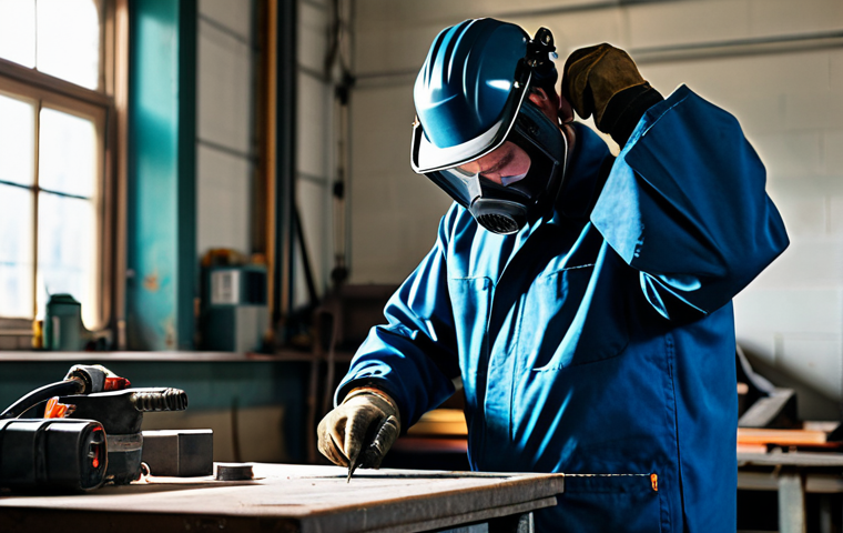 **

"A welder in appropriate work attire, fully clothed, carefully adjusting their welding mask in a well-lit workshop. The scene focuses on preparedness and safety, with visible safety equipment nearby. Safe for work, professional, family-friendly, perfect anatomy, correct proportions, natural pose, high quality."

**