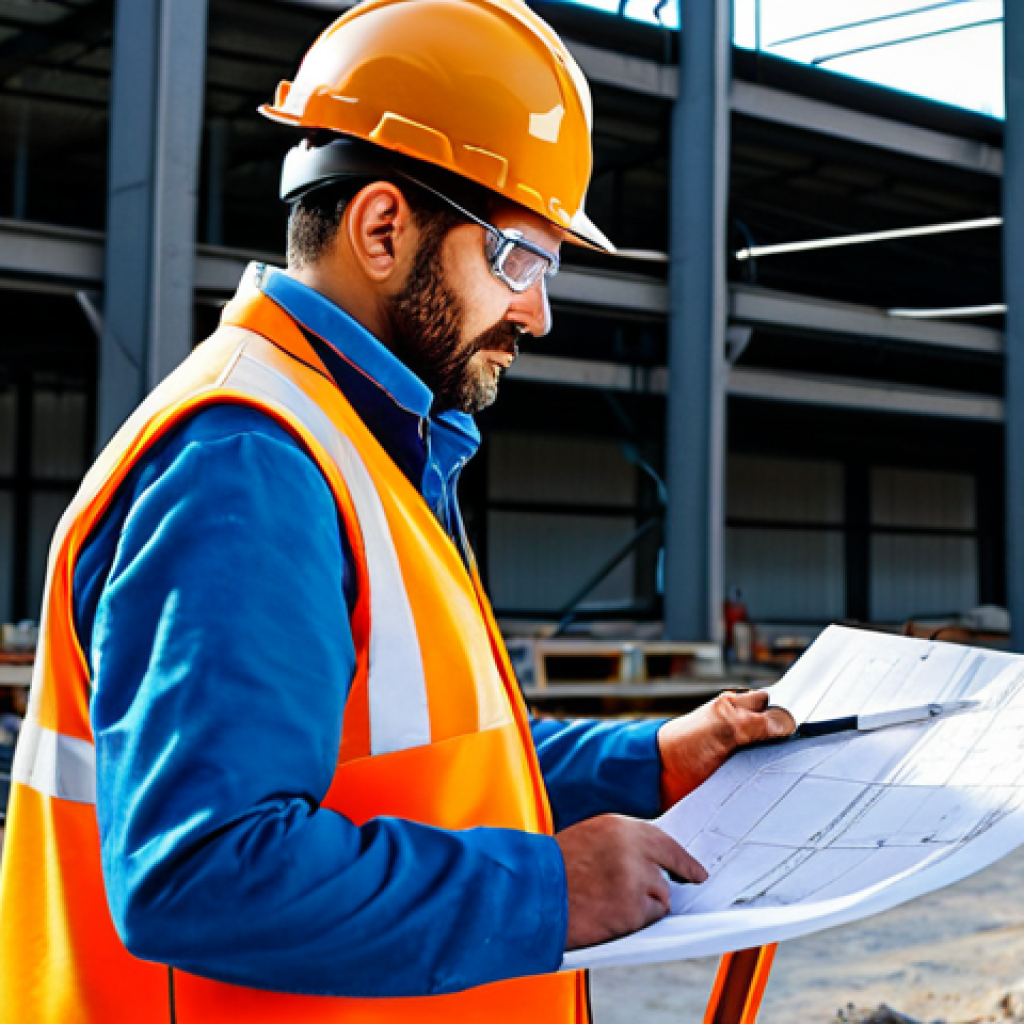 **Skilled Welder as Project Manager:** A fully clothed and professional male welder in Spain, wearing appropriate work attire and safety gear, confidently reviews blueprints on a construction site. Background shows a partly completed metal structure. The image should convey a sense of leadership and expertise. Safe for work, appropriate content, perfect anatomy, natural proportions, high-quality rendering, professional, modest.