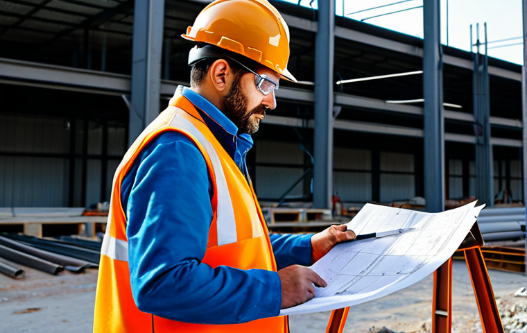 **Skilled Welder as Project Manager:** A fully clothed and professional male welder in Spain, wearing appropriate work attire and safety gear, confidently reviews blueprints on a construction site. Background shows a partly completed metal structure. The image should convey a sense of leadership and expertise. Safe for work, appropriate content, perfect anatomy, natural proportions, high-quality rendering, professional, modest.