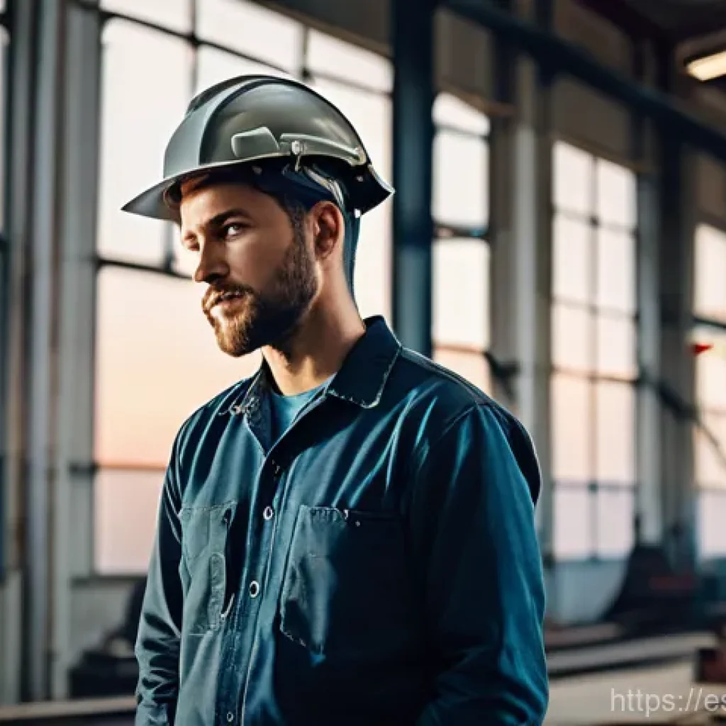 용접사 퇴사 전 고려할 점 - A contemplative welder, dressed in a clean, modern work shirt and robust trousers, stands in a well-...