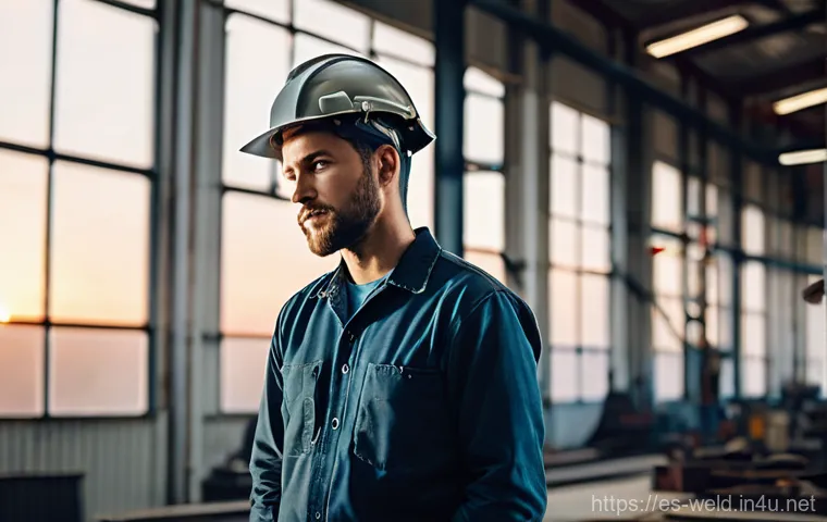 용접사 퇴사 전 고려할 점 - A contemplative welder, dressed in a clean, modern work shirt and robust trousers, stands in a well-...