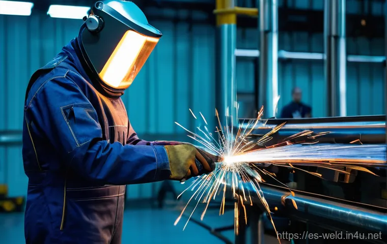 용접사 퇴사 전 고려할 점 - A contemplative welder, dressed in a clean, modern work shirt and robust trousers, stands in a well-...