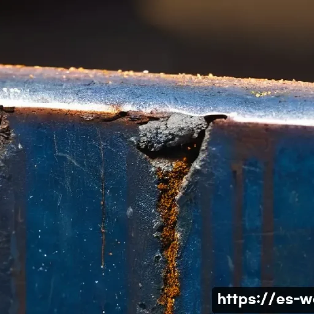 용접 실습 중 흔히 하는 실수 - A close-up, high-angle shot focusing on the details of a poorly executed weld on a metal surface. Th...