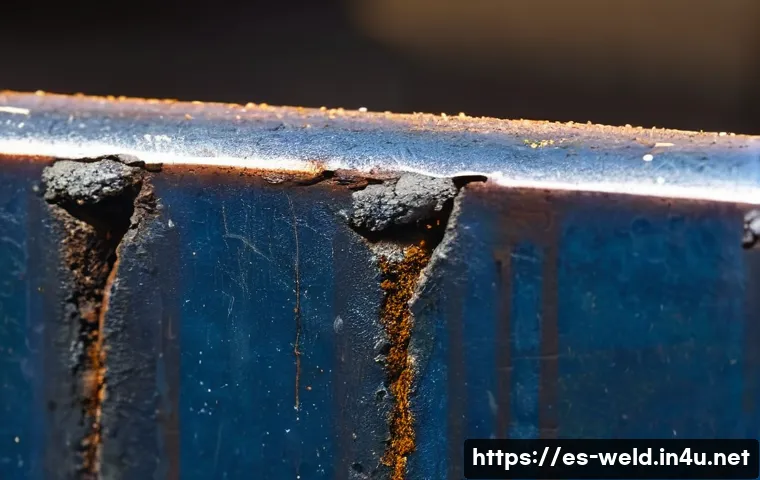 용접 실습 중 흔히 하는 실수 - A close-up, high-angle shot focusing on the details of a poorly executed weld on a metal surface. Th...