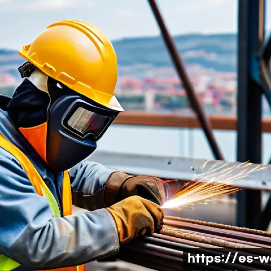 용접사의 사회적 기여 - A skilled welder wearing protective gear and safety glasses, carefully welding steel beams at a larg...