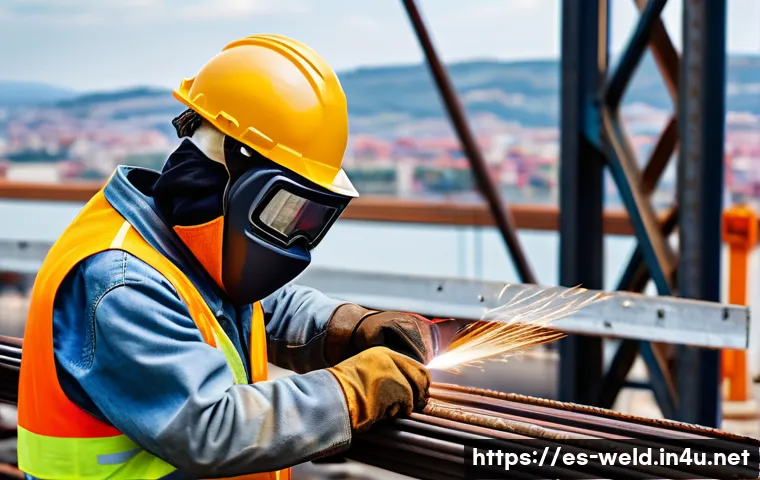 용접사의 사회적 기여 - A skilled welder wearing protective gear and safety glasses, carefully welding steel beams at a larg...