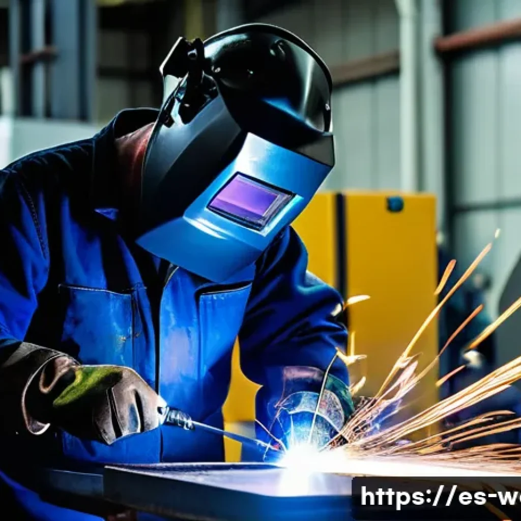 용접 기술자 연봉 협상 전략 - A skilled welder in a modern industrial workshop in Madrid, wearing protective gear including gloves...