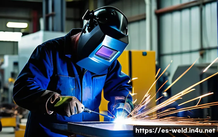 용접 기술자 연봉 협상 전략 - A skilled welder in a modern industrial workshop in Madrid, wearing protective gear including gloves...