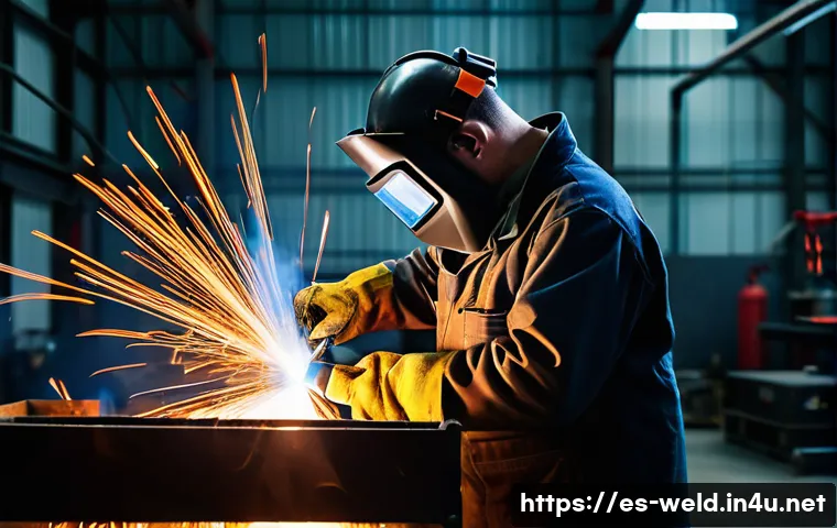 용접 실습 중 주의할 점 - A professional welder wearing full personal protective equipment including a flame-resistant jacket,...