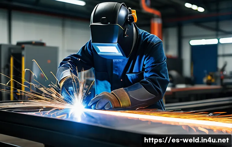 용접사의 효율적인 경력 관리 - A skilled welder wearing high-quality protective gear, including gloves, helmet with dark visor, and...