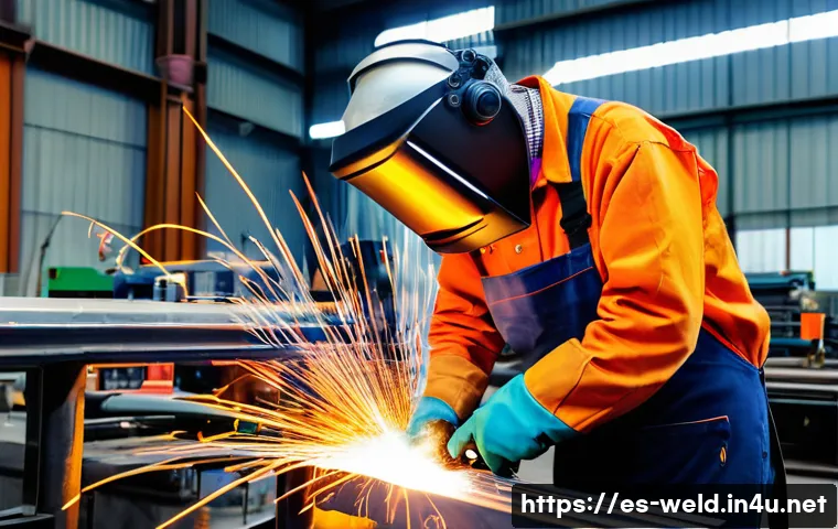 용접사로서의 자기계발 - A skilled welder wearing full protective gear including gloves, welding mask, and flame-resistant cl...