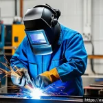 용접 기초부터 고급까지 - A skilled welder in a modern workshop wearing full protective gear including an automatic welding he...