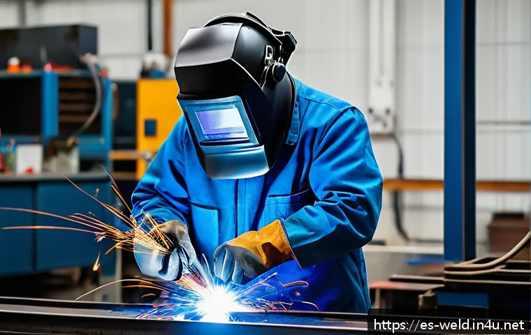 용접 기초부터 고급까지 - A skilled welder in a modern workshop wearing full protective gear including an automatic welding he...