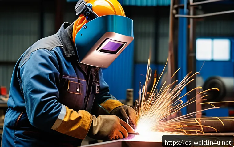 용접사의 국제 자격증 취득 사례 - A skilled welder in a modern industrial workshop, wearing full protective gear including a welding h...