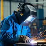 용접사의 미래 기술 적응 방법 - A modern welding workshop scene featuring a skilled welder wearing protective gear, operating a digi...