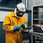 용접 관련 법규와 규정 - A professional welder in a well-organized industrial workshop in Spain, wearing full personal protec...
